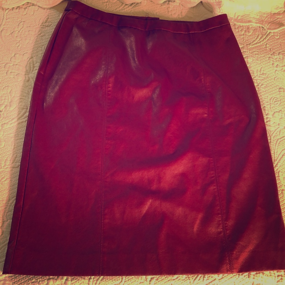 Red faux leather skirt.
